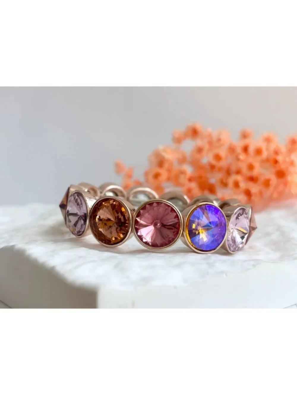 Monet Designer Signed Gold Toned Pink & Orange Rhinestone Stretchy Link Bracelet - Picture 6 of 12